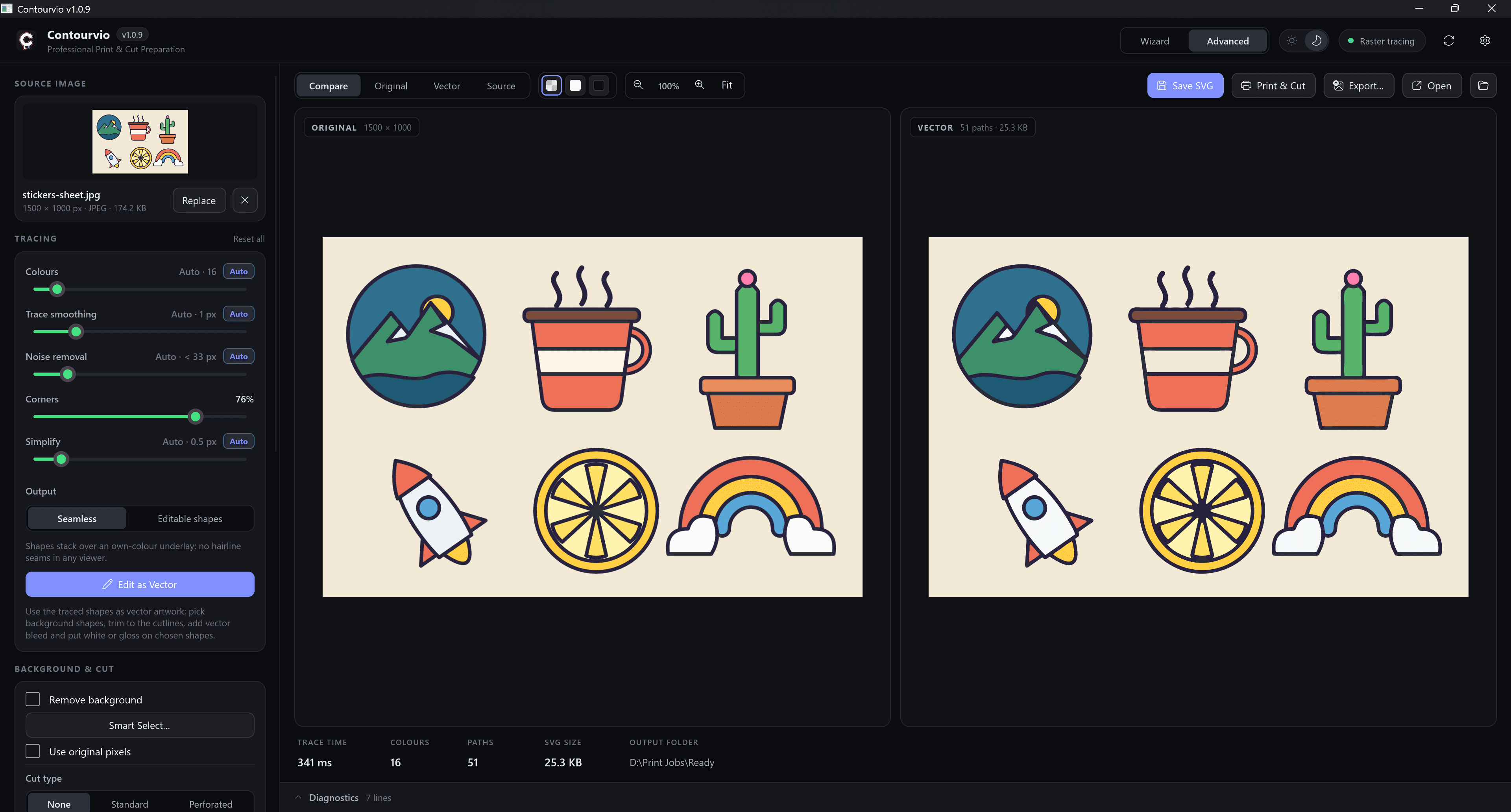 Contourvio after opening a JPEG sticker sheet: tracing controls on the left, original and traced vector side by side.