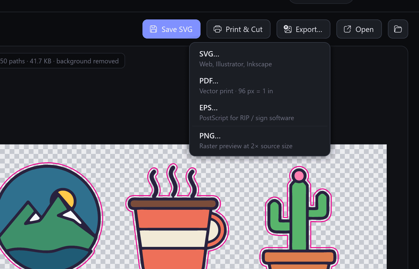 The Export menu in Contourvio offering SVG, PDF, EPS and PNG, next to the Print & Cut button.