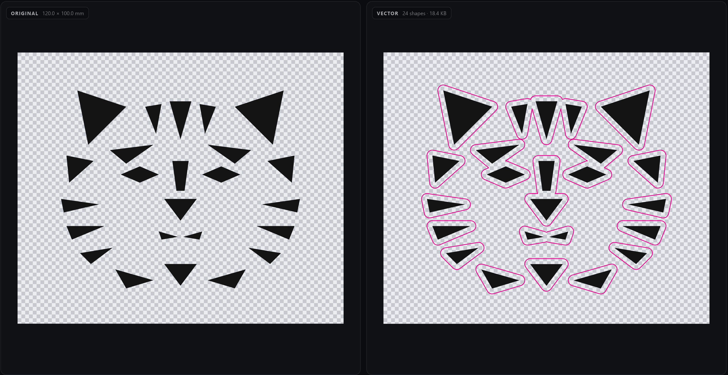 Contourvio with a 24-shape PDF opened as vector artwork, with a cutline around each shape.