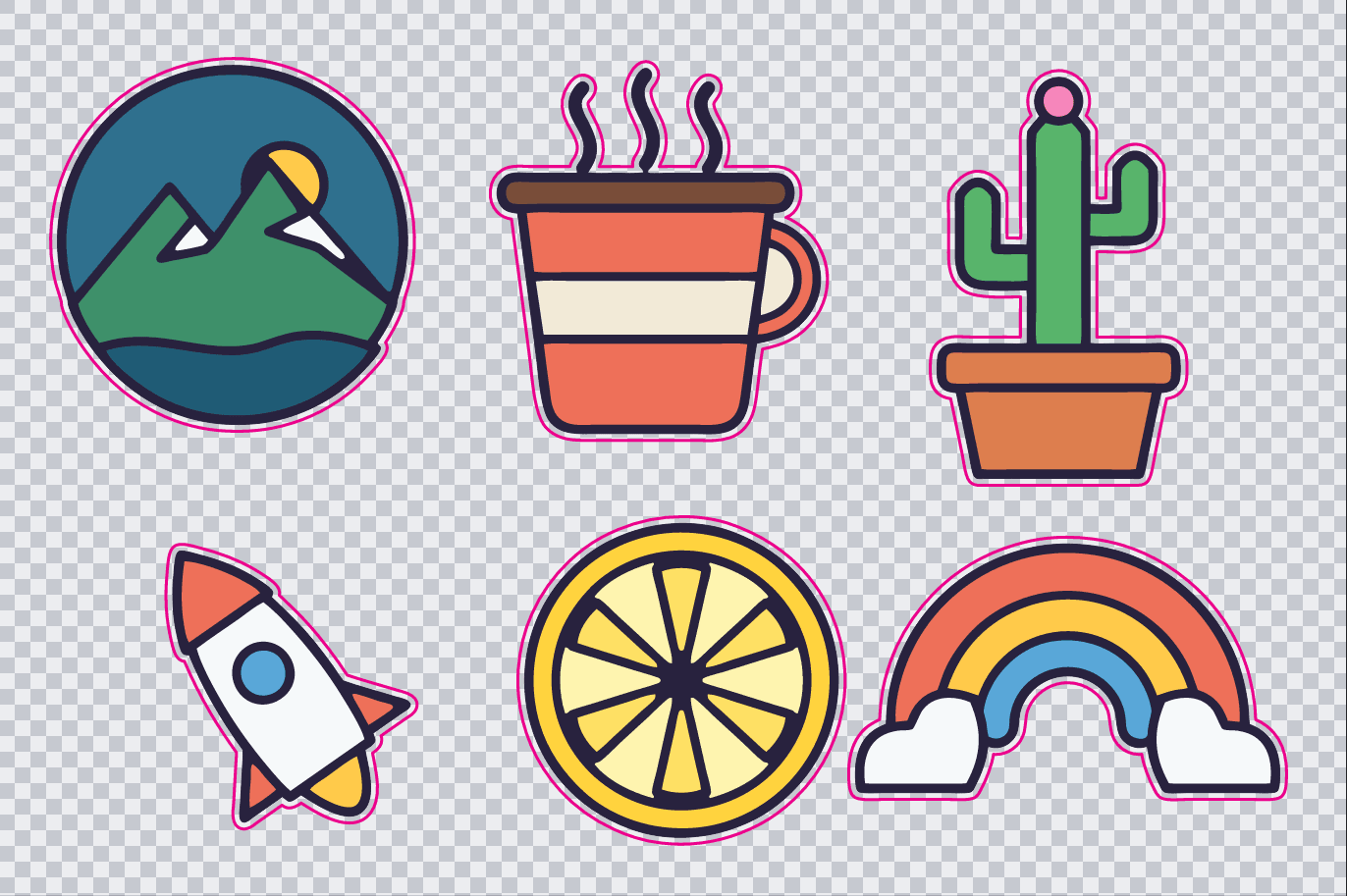 After: traced vector stickers on a transparent background, each with a magenta CutContour cutline.