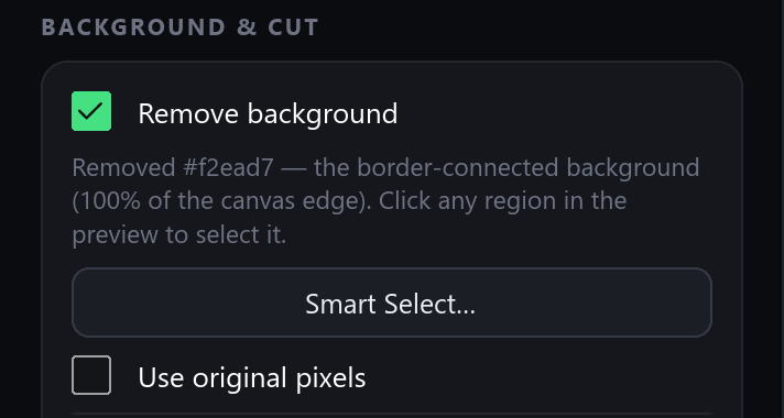 The Background & Cut panel: Remove background is ticked, with the subject selection button below it.