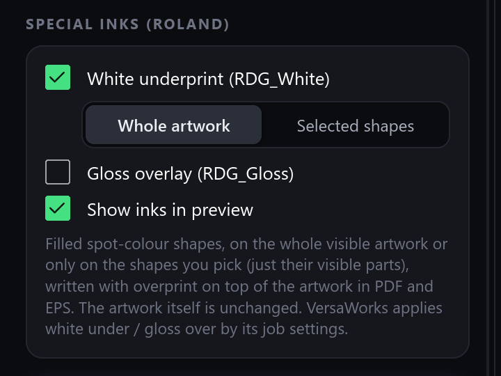 The Special Inks (Roland) panel with White underprint ticked for the whole artwork.
