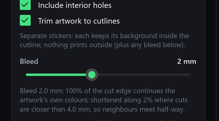 Cutting controls: Include interior holes and Trim artwork to cutlines ticked, and a 2 mm bleed slider.