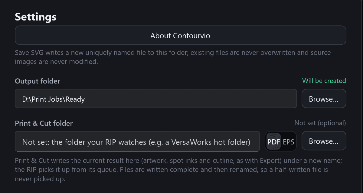 Settings: output folder and the Print & Cut folder where VersaWorks picks up jobs, as PDF or EPS.