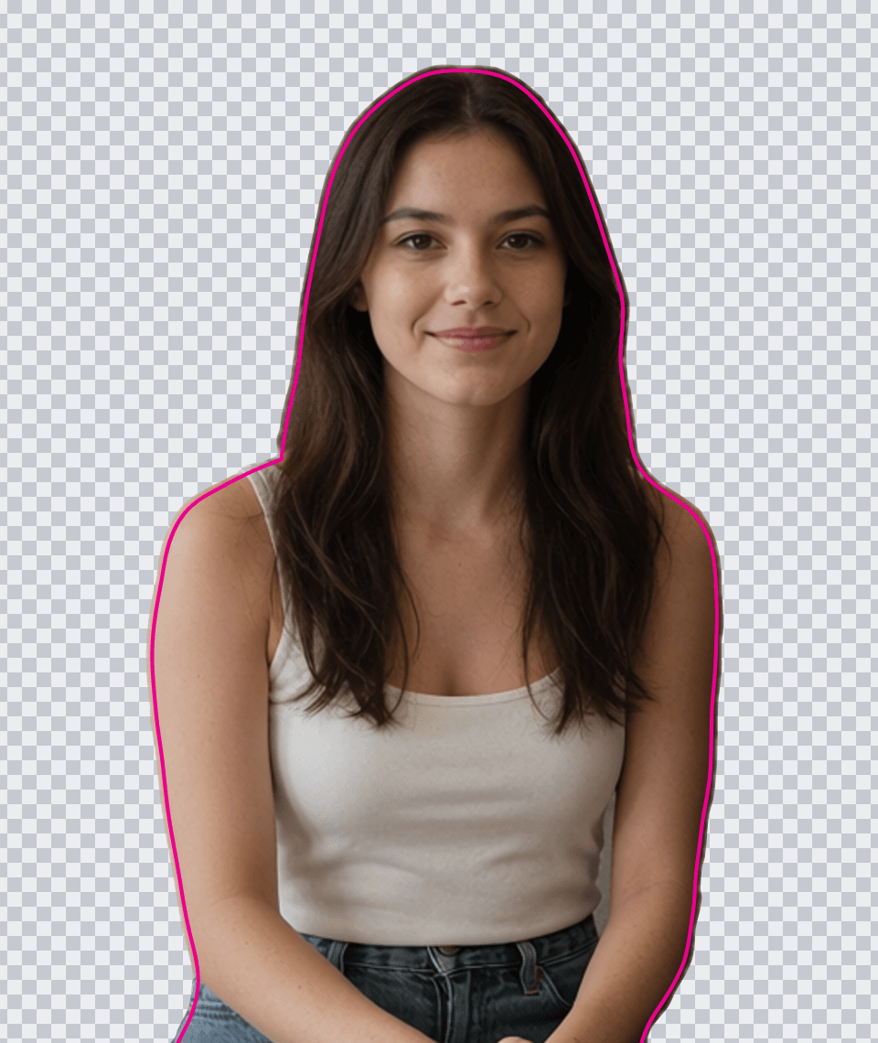 Close-up of the cut-out woman: the magenta CutContour line follows her hair, shoulders and arms smoothly, slightly inside her outline, on a transparent background.