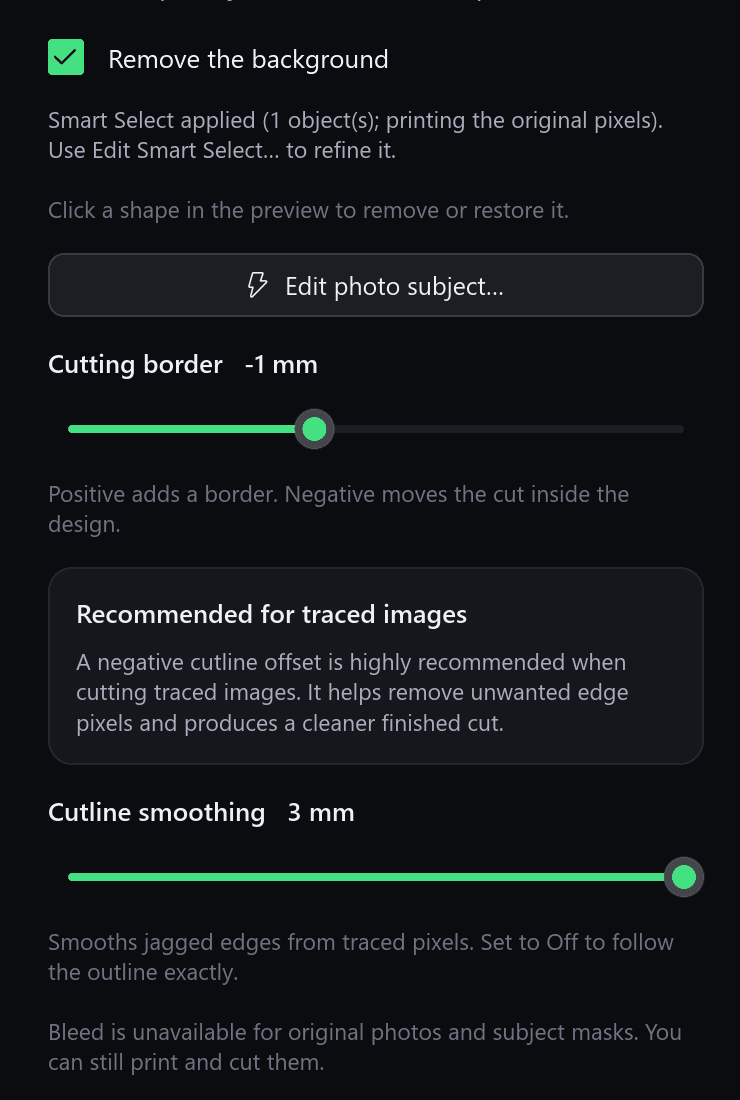 The Prepare panel: Cutting border -1 mm, the recommendation 'A negative cutline offset is highly recommended when cutting traced images', and Cutline smoothing 3 mm.