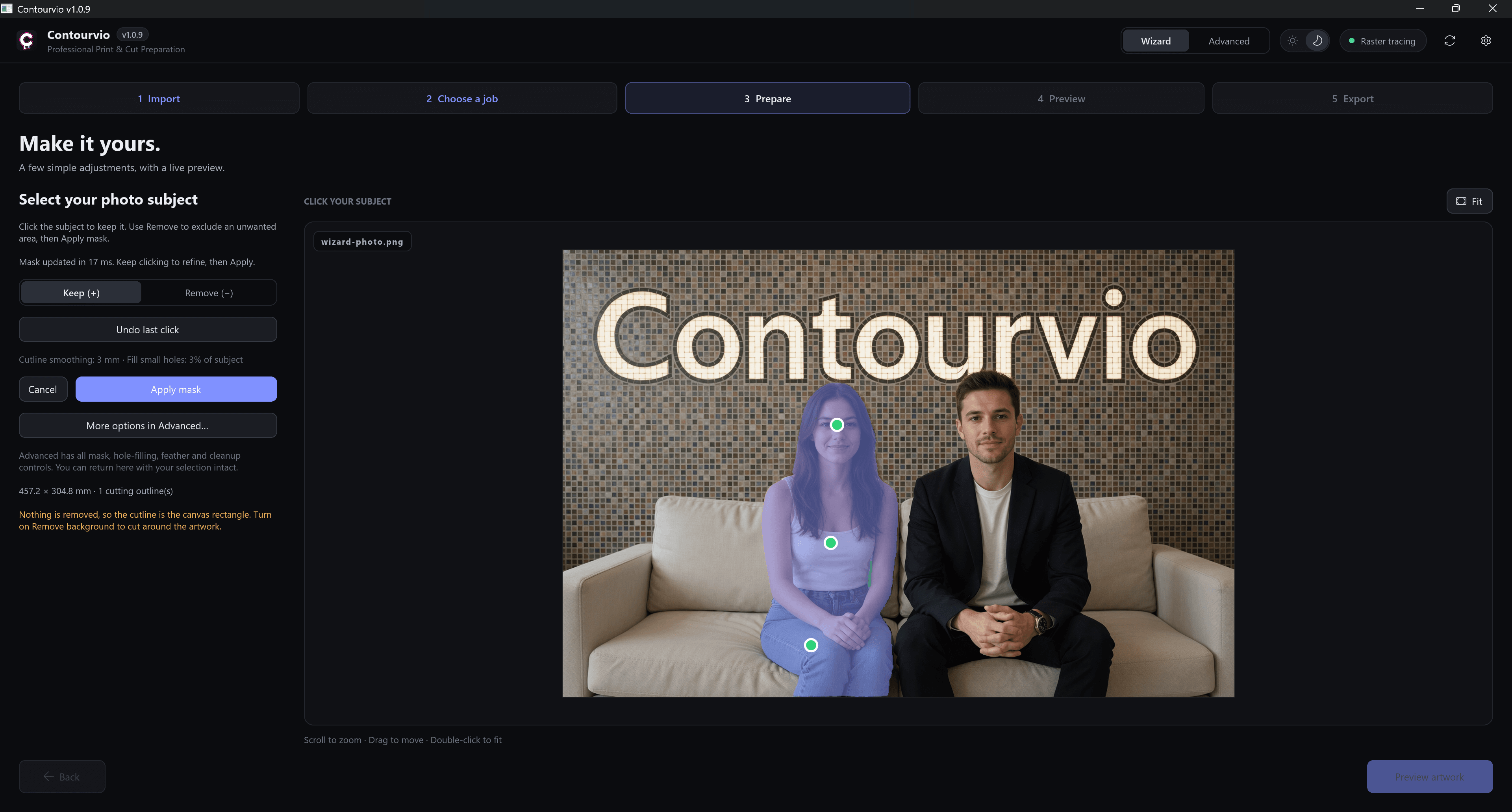 Contourvio Wizard step 3: three clicks on the woman select her in the photo with Smart Select, shown as a purple highlight.